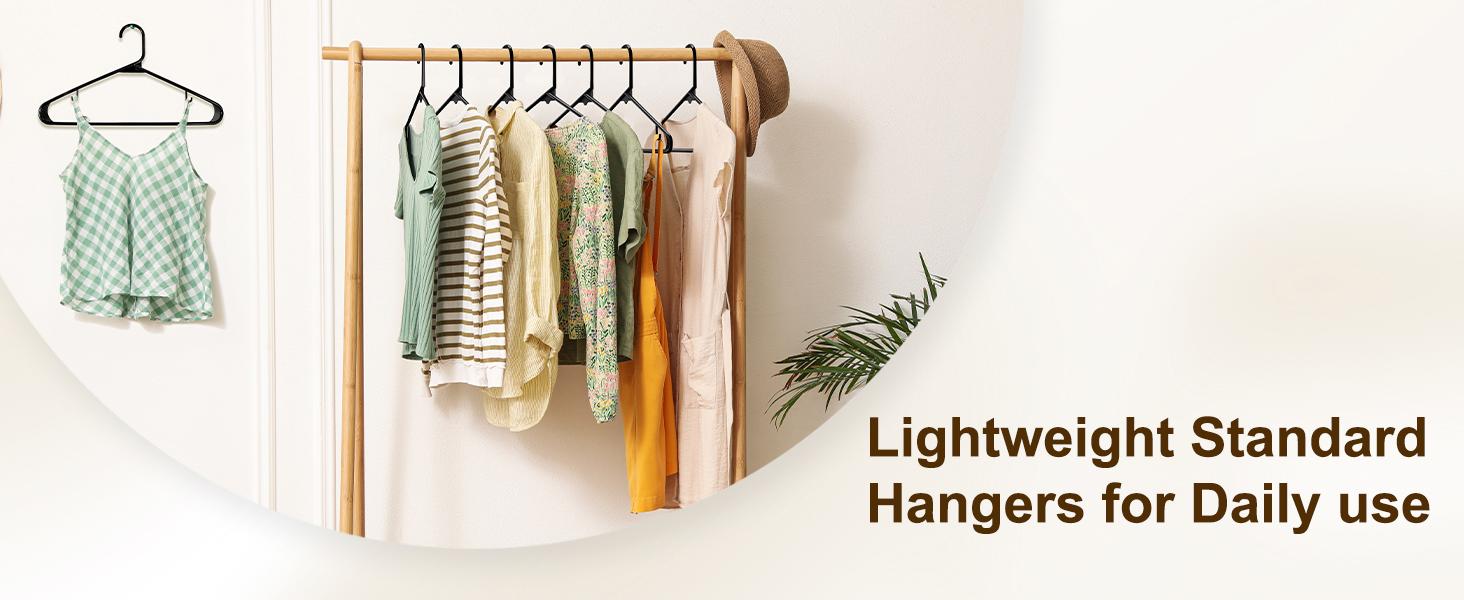 Black Plastic Hangers 50 Pack, Plastic Clothes Hangers with Built-in Hooks, Durable and Strong Plastic Coat Hangers for Closet, Space Saving Clothing Hanger for Shirts, Coats, Skirt, Dress