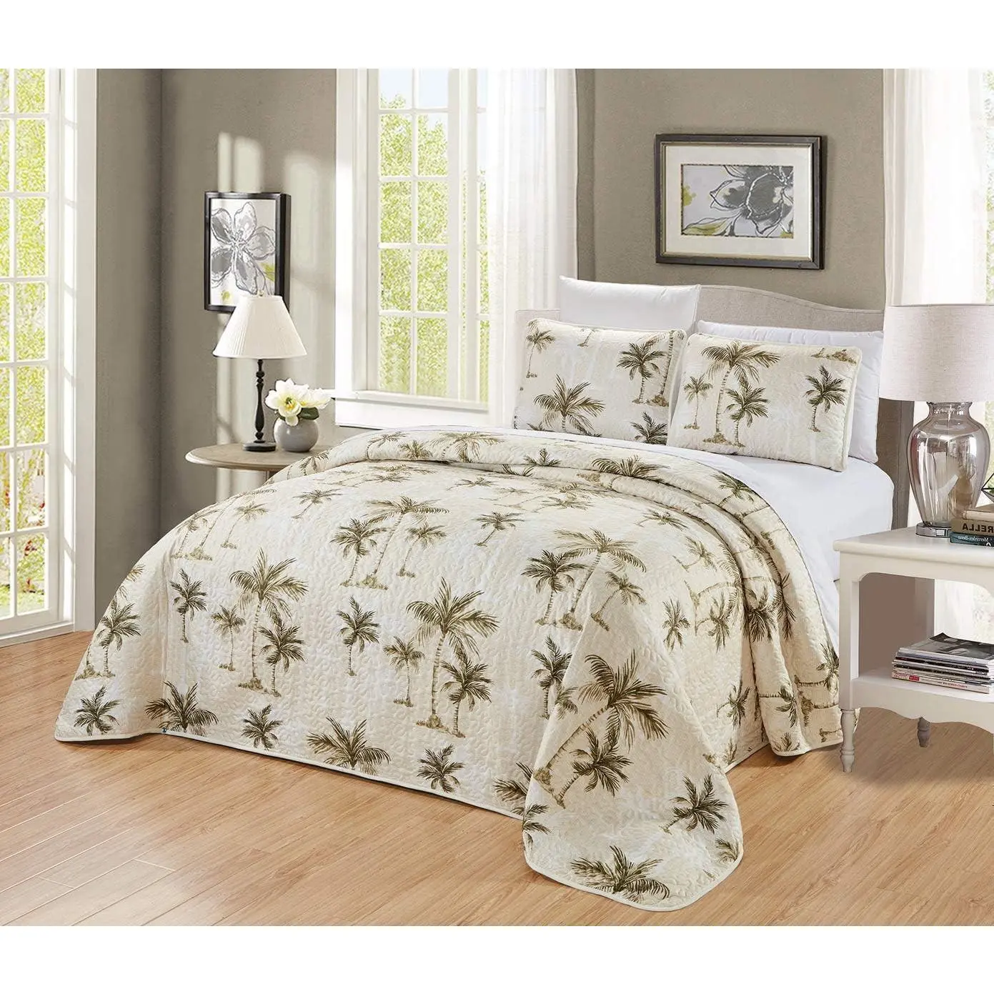 3-Piece Fine Printed Tropical Palm Tree (Double Bed) Full Size Quilt Set Reversible Bedspread Coverlet Bed Cover (Beige, Sage Green, Brown)