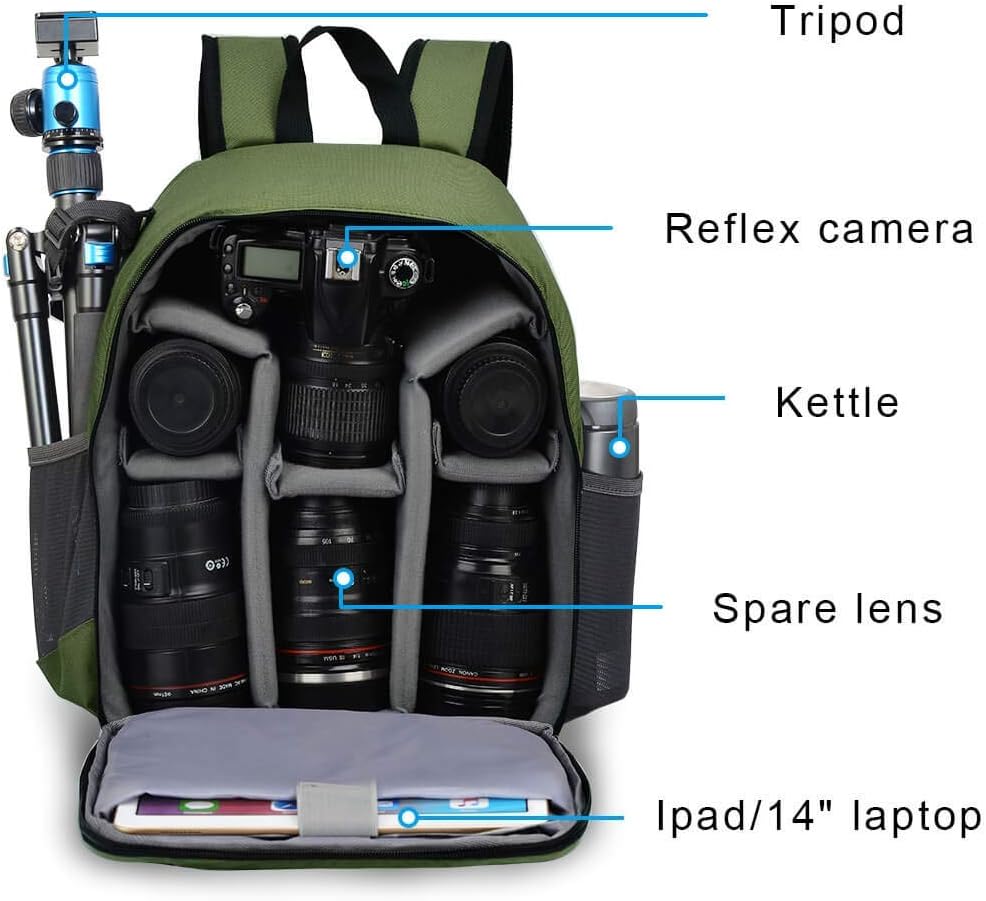 Camera Backpack Bag Professional for DSLR/SLR Mirrorless Camera , Camera Case Compatible for    Camera and Lens Tripod Accessories Green
