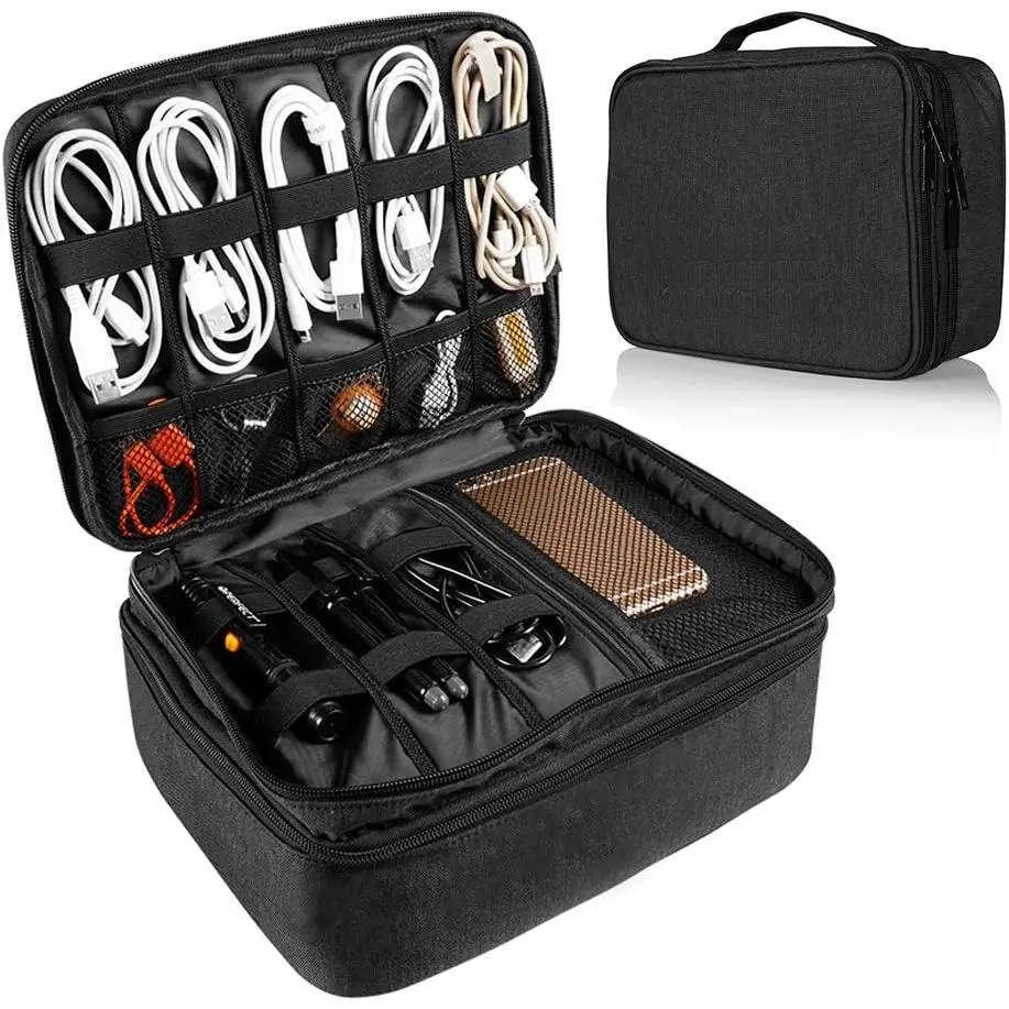 Travel electronic accessory storage bag, waterproof electronic accessory storage pouch, double-layer large-capacity shockproof cable organizer, suitable for cables, power banks, and tablets