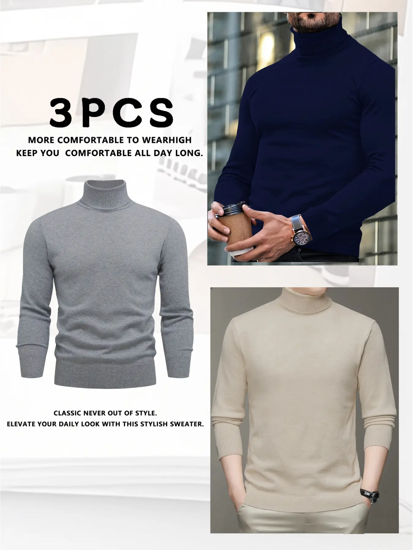3 pieces of autumn and winter solid color turtleneck sweaters, fine texture and non-pilling, versatile for men's casual wear