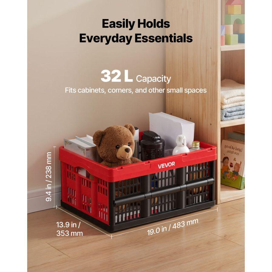 VEVOR Plastic Collapsible Storage Bins, 32L 3 Packs, Stackable Folding Storage Crates with Handles, Holds 26 lbs Per Bin, Foldable Heavy Duty Containers, Space-Saving Baskets, for Home Organizing