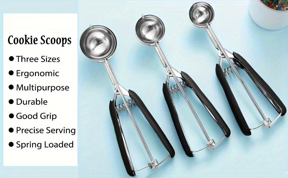 1/3pcs Stainless Steel Cookie Scoop Set with Non-Slip Rubber Handle, Uncharged Power Mode, Includes 1/2/3 Tablespoon Sizes, 18/8 Baking Scoops with Trigger Release for Ice Cream and Cookie Dough.