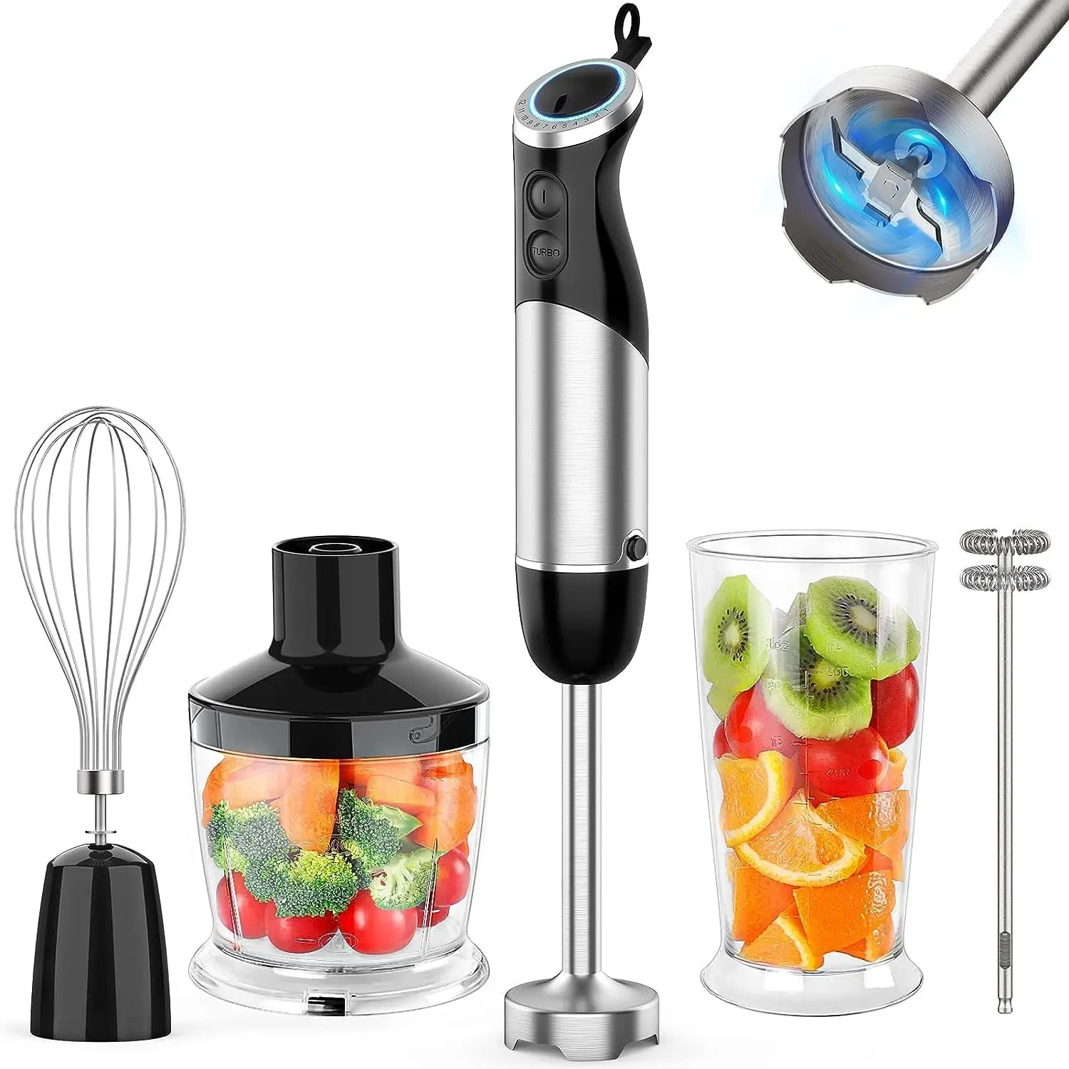 1000W & Above Upgraded Handheld Immersion Blender, 12-Speed 5-in-1 Compact Kitchen Stick Blender with 304 Stainless Steel Parts, Synthetic Processor, Beaker, Egg Whisk, Milk Frother, Non-BPA for Smoothies, Puree, Dorms, Anti-Stall Power