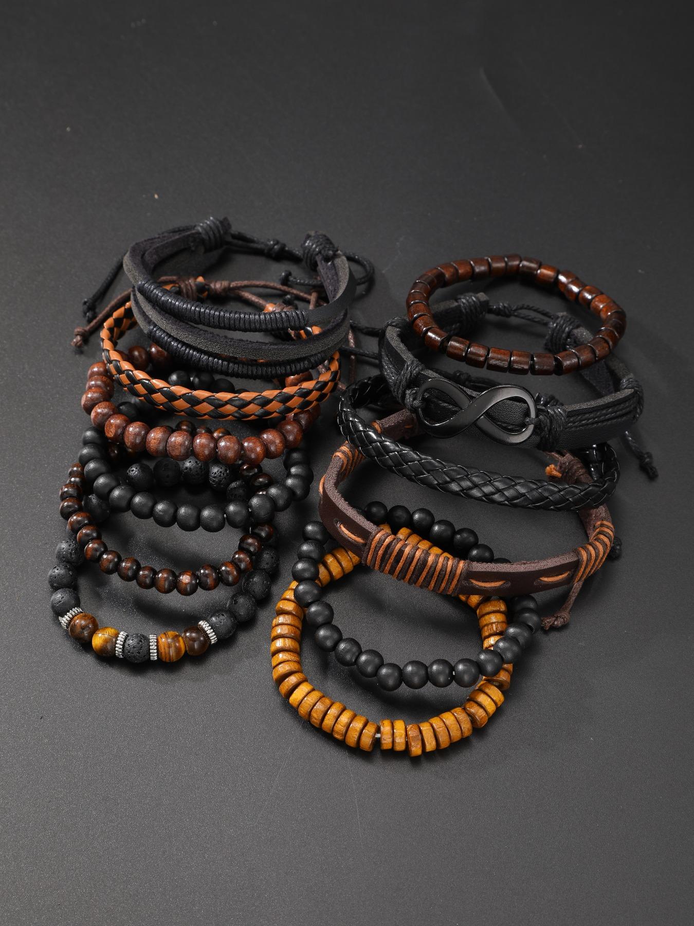 Men's Fashion Beaded & Braided Link Bracelet (12pcs), Fashion Jewelry for Party, Everyday Accessories, Trendy All-match & Exquisite Jewelry for Birthday Gift