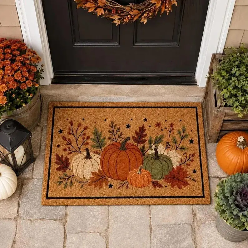 Fall Pumpkin Welcome Doormat, Rustic Harvest Front Porch Mat, Thanksgiving Farmhouse Entryway Decor, Autumn Rug & Housewarming Gift