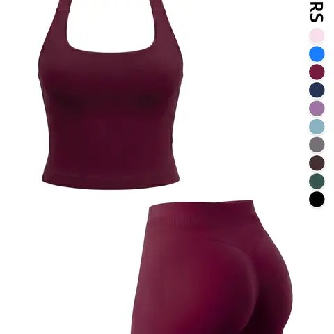 Women's Sporty Yoga Set, Backless Halter Top & High Waist Shorts, Comfortable Fitness Wear, Bodycon Workout Set, Seamless Shaping, All Seasons, High Stretch Sporty, Women Workout Clothes