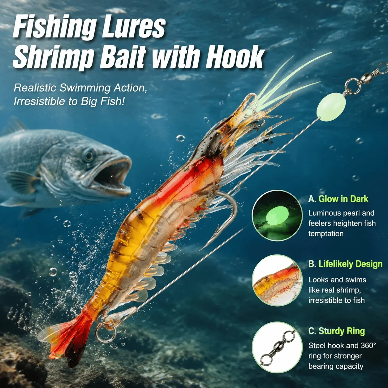 Glow Fishing Lures Artificial Lures Soft Glow Shrimp Bait Lure with Hook Long Afterglow Fluorescent Tangle-Free Rigged Treble Hooks Eco Material Fishing Gear Saltwater Freshwater for Sea Bass Trout Perch