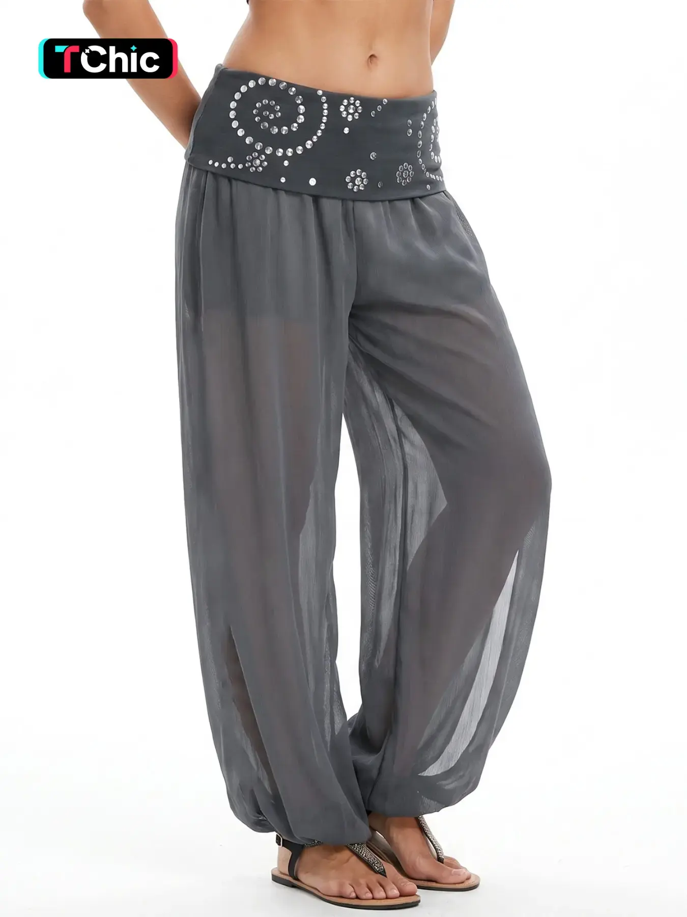 Women's Rivet Waist Turned-Up Hem Pants, Sheer Cuffed Loose Fit Lantern Pants, Long Trousers for Casual Wear, Comfortable and Stylish