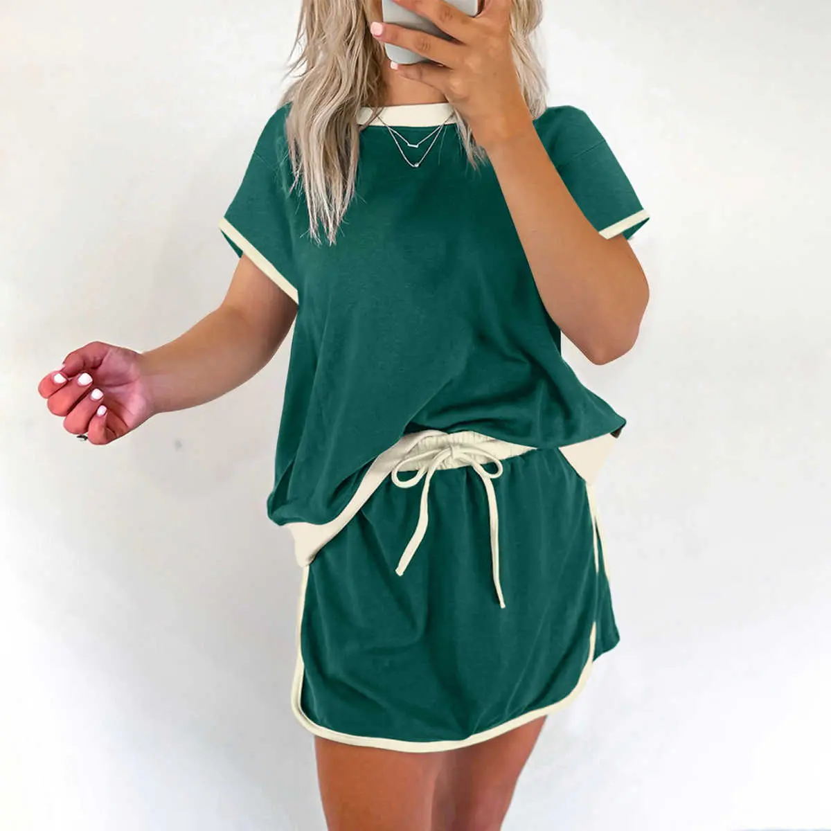 Women's Cotton 2-Piece Colorblock Edge Drop Shoulder T-Shirt & Skort Set, Evergreen Womenswear Skirt & Top Suit plus size sets
