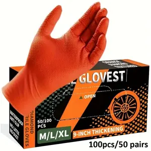 100pcs/50pairs Heavy-Duty Nitrile Disposable Gloves, 8mil Diamond-Textured Grip, Latex & Powder Free, Industrial Food Applications