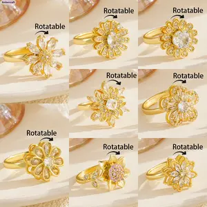 Viral TikTok Copper Zircon Flower Ring Adjustable Rotatable Open Band Women's Ring Jewelry Aesthetic Dainty Petal Design Hypoallergenic Minimal Everyday Wear Gift For Her Mom Wife Valentine Party Date Night Outfit