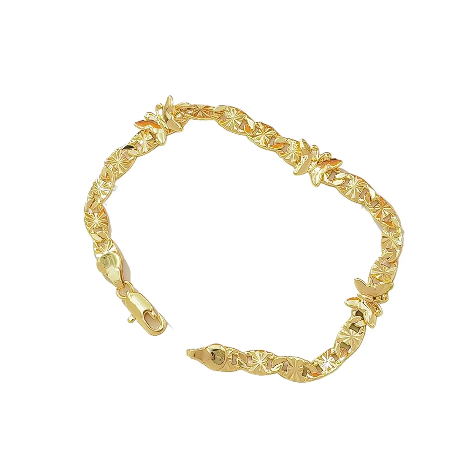 Women's Diamond Textured Links Link Chain Bangle - Polished Finish Butterfly Pendant, Starburst Motif Flower, Silver-Toned Charms & Twillies, Modern Jewelry for Sports & Outdoor Anniversary Gifting