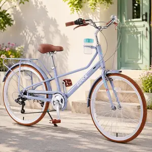 ARCH Women's 24 Inch Cruiser Bike 6 Speed Step-Through Commuter Bicycle with Rear Rack Cup Holder Steel Frame Blue City Bike for Adult Leisure Riding, Blue Color Options, Steel Material, Product Dimensions: 24.80 W x 65.95 D x 38.54 H in