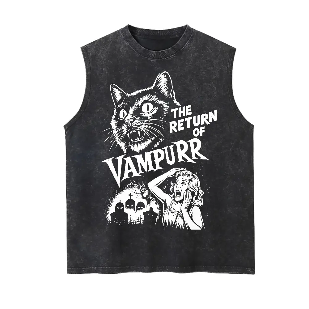 Unisex Vampire Black Cat Vampurr Screaming Girl Graveyard Halloween Graphic Washed Vest Personalized Pattern Y2k Clothing Round Neck Washed Vest,Women's Clothing 100% Cotton, Menswear, Top, Vintage Style,Summer Casual Oversized