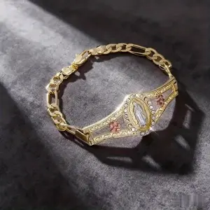 Womens Virgin Mary Bracelet Rhinestone Oval Medal Rose Gold Flower Accent Gold Link Chain Daily Prayer Wear Aesthetic Christian Jewelry Elegant Religious Accessory