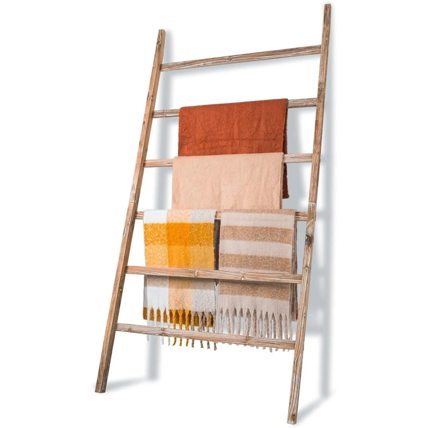 Blanket Ladder Shelf 6.4FT, 38 inch Wide Solid Wooden Blanket Ladder for Living Room, 6-Layer Farmhouse Rustic Quilt Rack for Living Room Bathroom