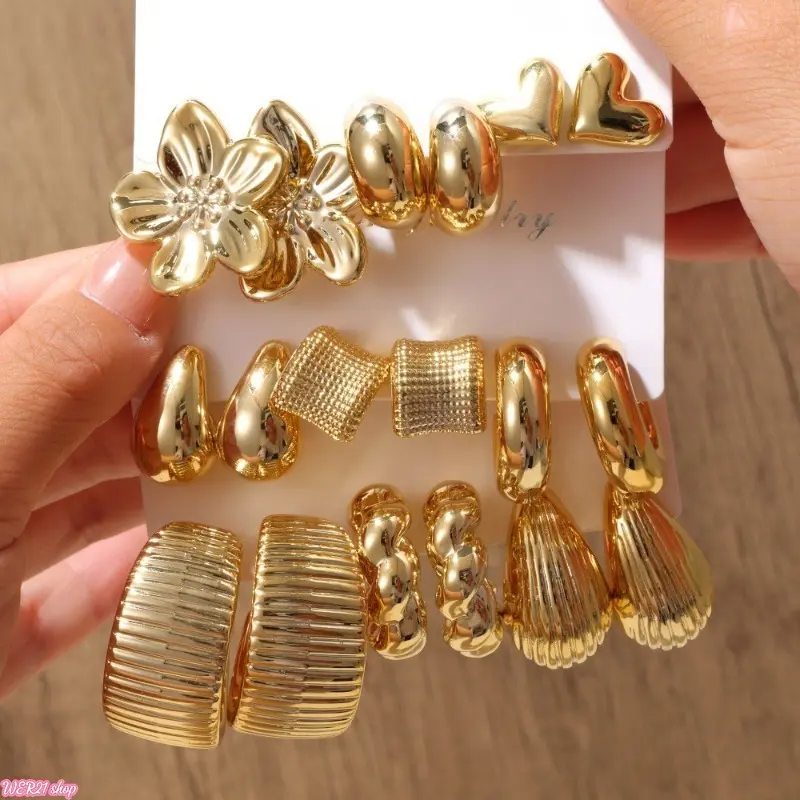 European American Irregular Geometric Gold Earring Set | Viral 2026 Luxury Trendy Stud Earring Pack, Sophisticated Multi-style Jewelry Collection, Elegant Ear Accessory for Daily Street OOTD Women Party Holiday Gift
