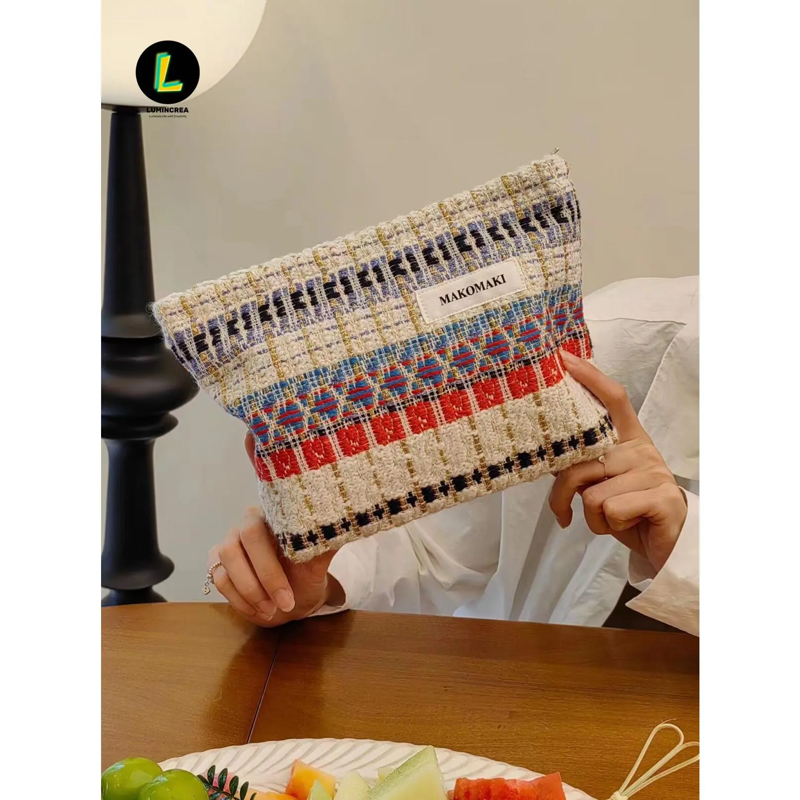 Retro Ethnic Style Cosmetic Bag Handmade Wool Woven Large Capacity Travel Toilet Bag Skin Care Product Storage Bag