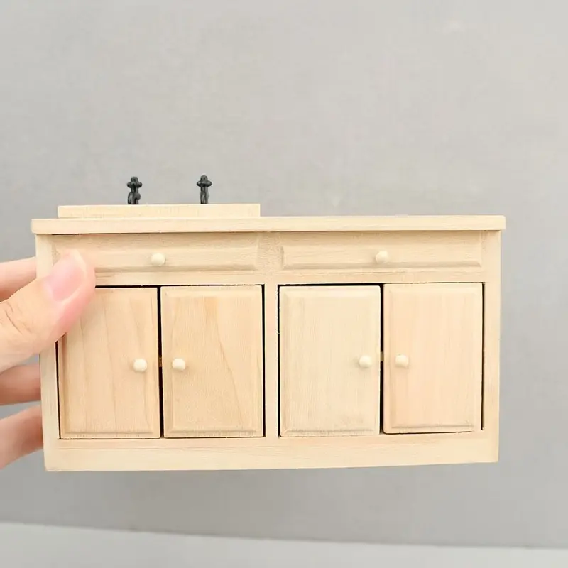 1:12 Dollhouse Miniature Wooden Vintage Kitchen Cabinet with Sink Scene Decor Model Christmas Easter New Year Gift