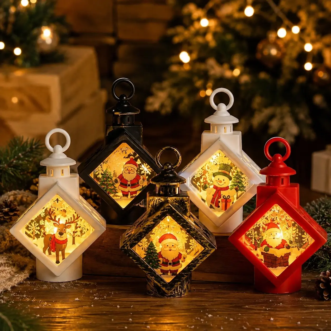 5-Piece Mini Christmas Lantern Set, Lighted Holiday Tabletop Decor with Santa, Snowman & Reindeer Scenes, Warm Glow Xmas Lantern Ornaments for Mantel, Shelf, Bedroom, Living Room, Fireplace, Holiday Party Decor, Gift