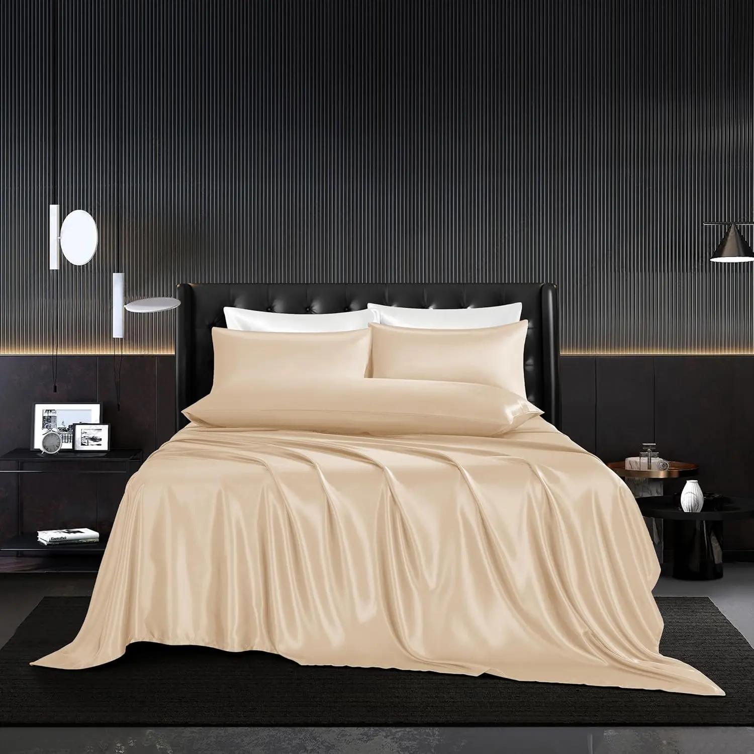 5Pcs Luxury Look Silk Blend Wrinkle-Free Champagne Full Size Bedding Set - 1 Flat Sheet, 1 Deep Fitted Sheet, 3 Envelope Closure Pillowcases, Bedroom Use