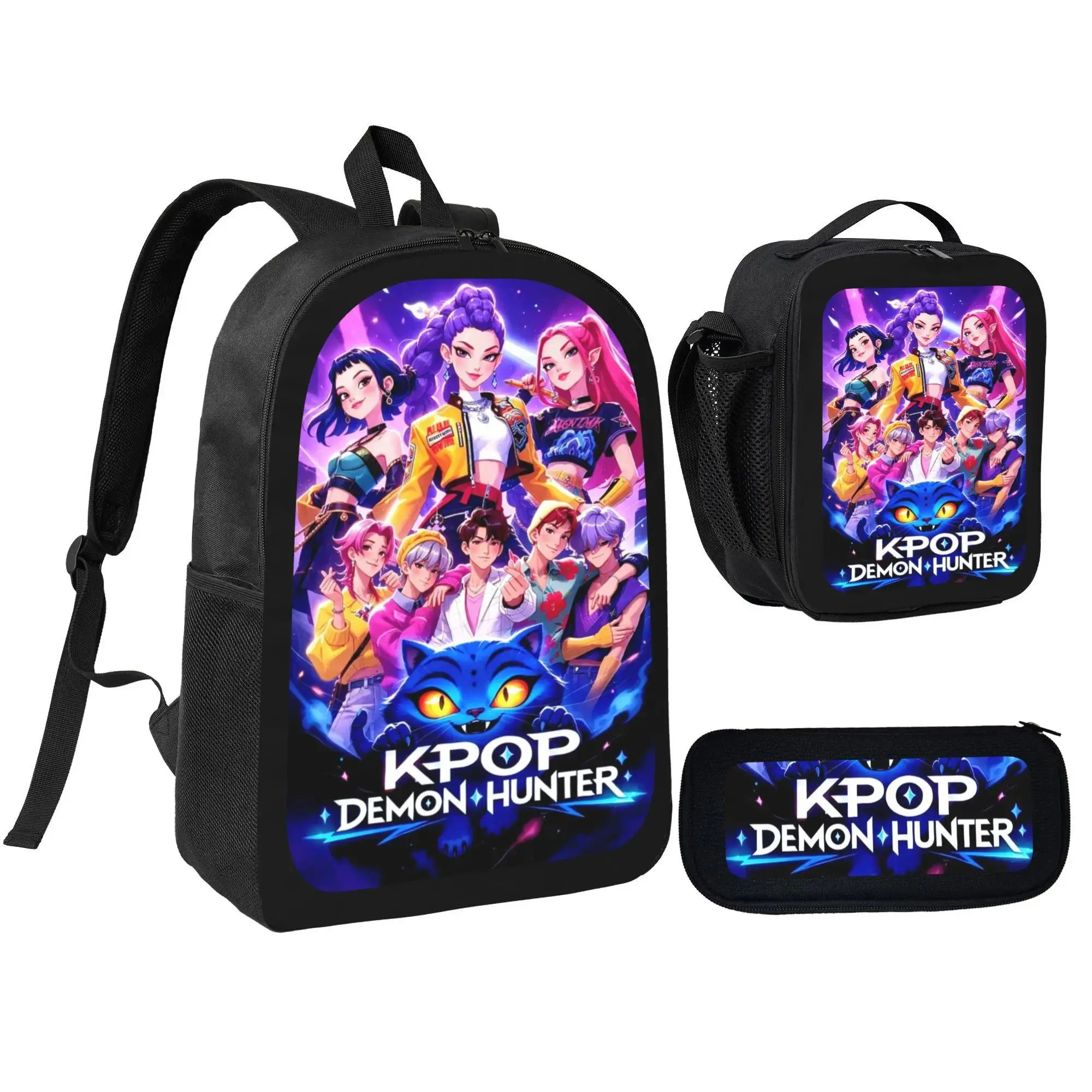 3 Piece Matching Daypack Bundle With Trendy kpop Anime Print, Insulated Lunch Bag And Storage Pouch For Outdoor Travel