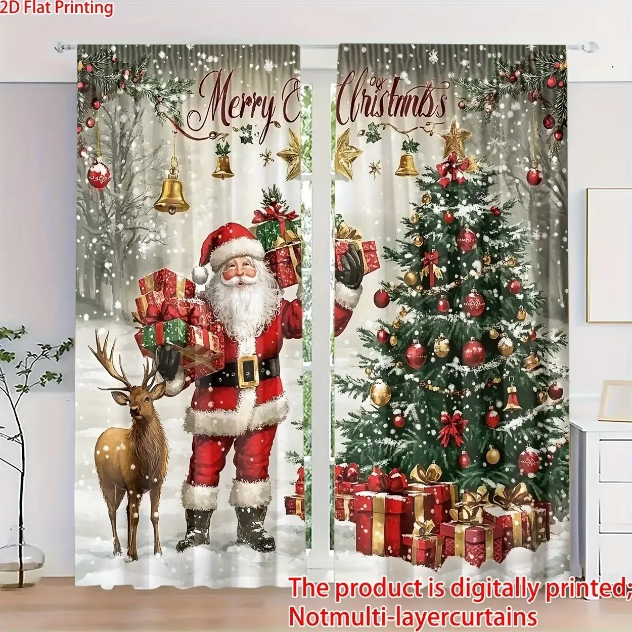 2-Pack Christmas Theme Curtains, HD Digital Print Santa Claus Pattern, Polyester Material, Blackout Drapes for Bedroom, Living Room, Office