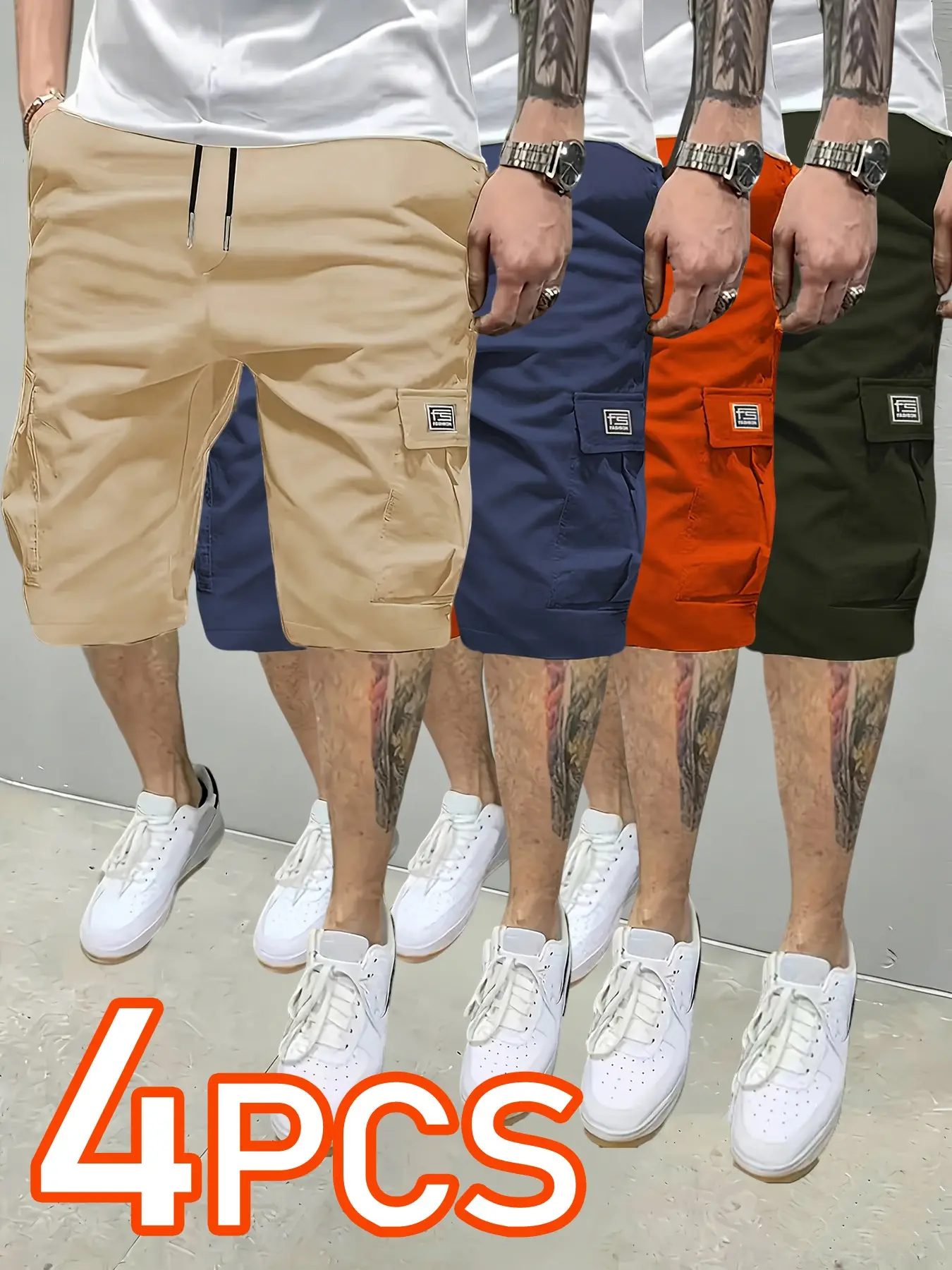 4-Pack 4counts 4pcs Summer Men's Elastic Short Pants, Casual Outdoor Workwear, Durable Plain Breathable Comfy Shorts with Multiple Pockets, Ideal Gift for Men