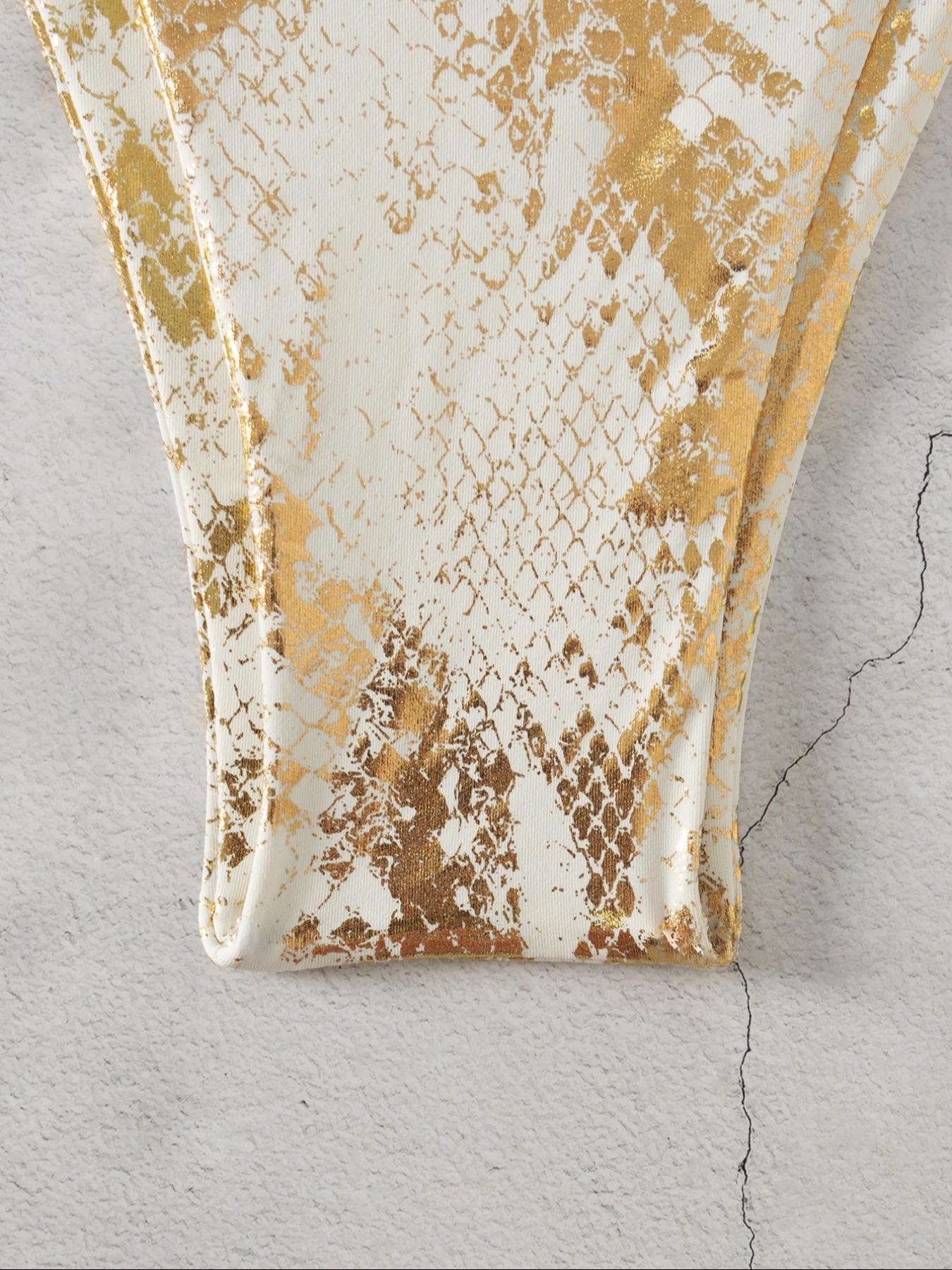 Two-Piece Set Women's Snakeskin Print Glossy String Bikini Set, Sporty Halter Neck Tie Back Triangle Swim Bra & Tie Side High Cut Swim Panty, Two-piece Swimsuit for Beach Holiday Vacation Tie Back Bikinis