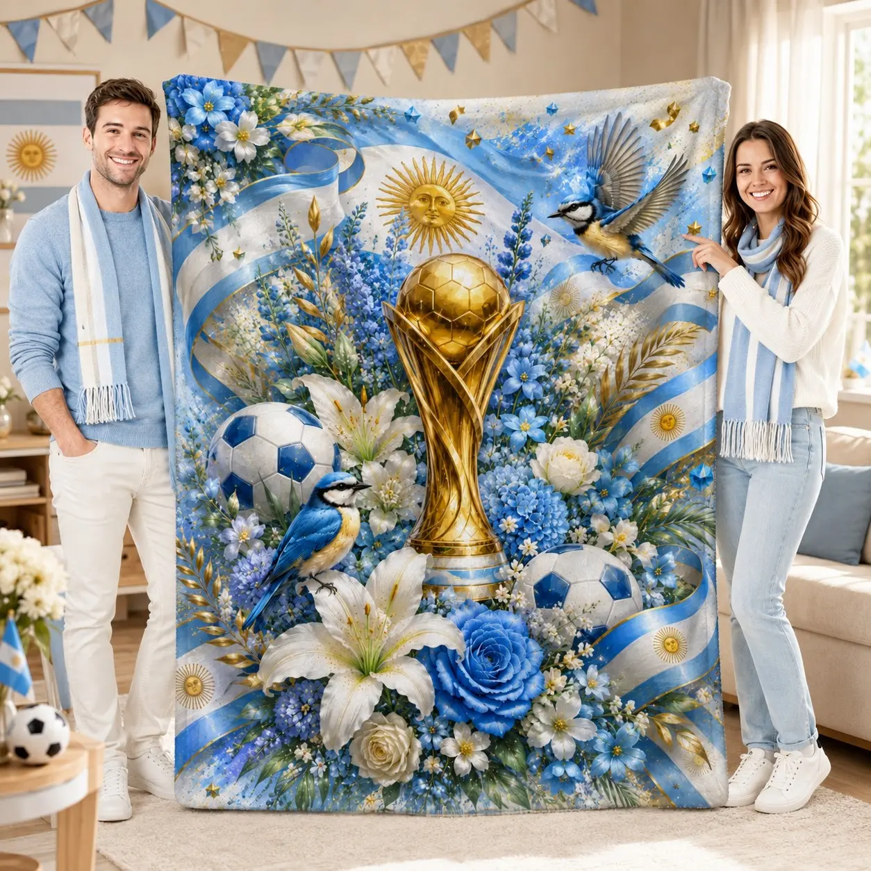 1Pc Argentina Soccer Trophy Flannel Fleece Blanket, Blue White Floral Football Bird Ribbon Graphic Throw Blanket, Ultra Soft Machine Washable 4 Season Bed Sofa Nap Blanket, For Bedroom Living Room Dorm Apartment Home Decor Gift