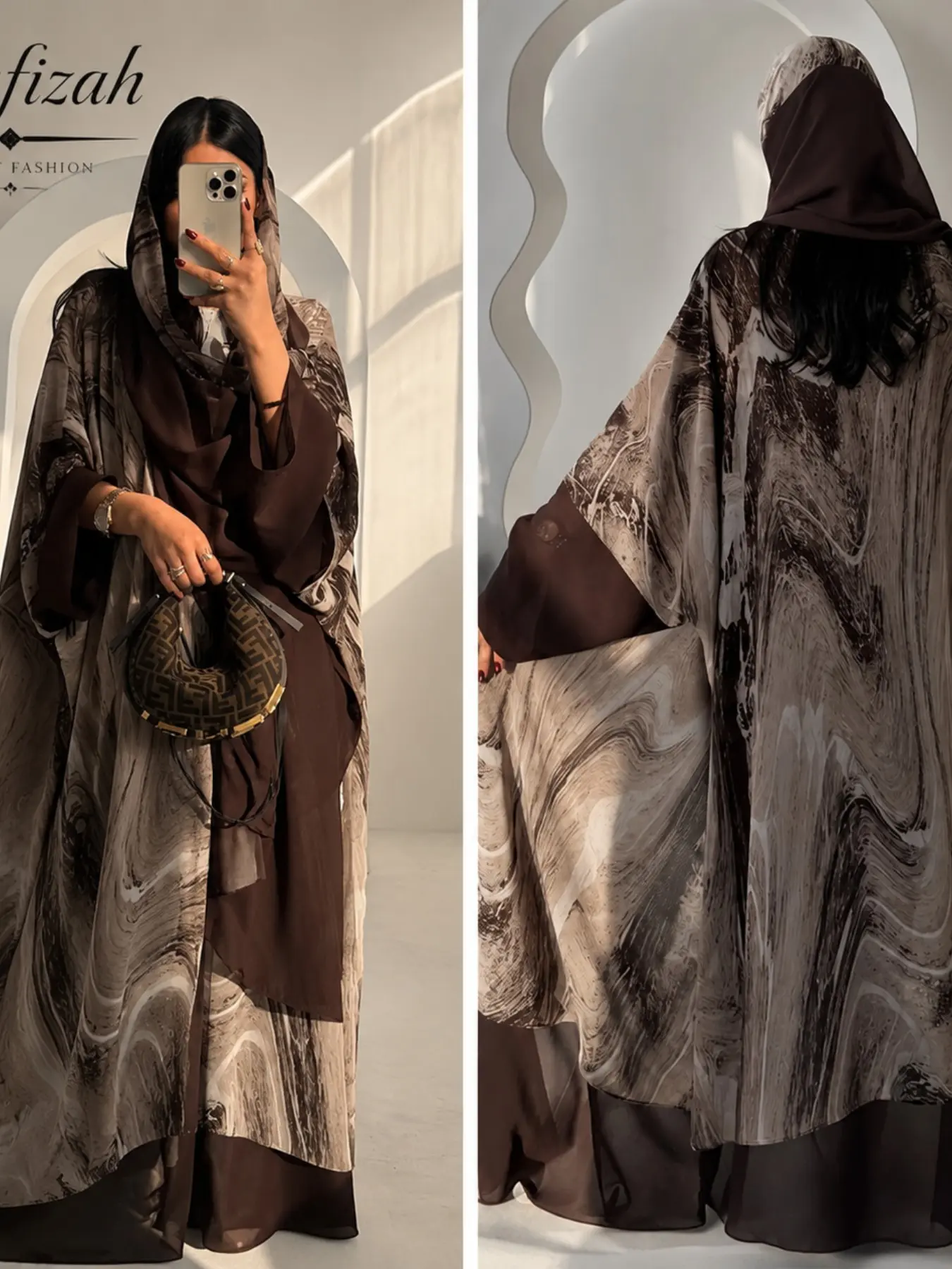 Women's Muslim Robe Set with Headscarf, Marble Pattern Kimono Robe, Elegant Islamic Dress for Eid and Ramadan