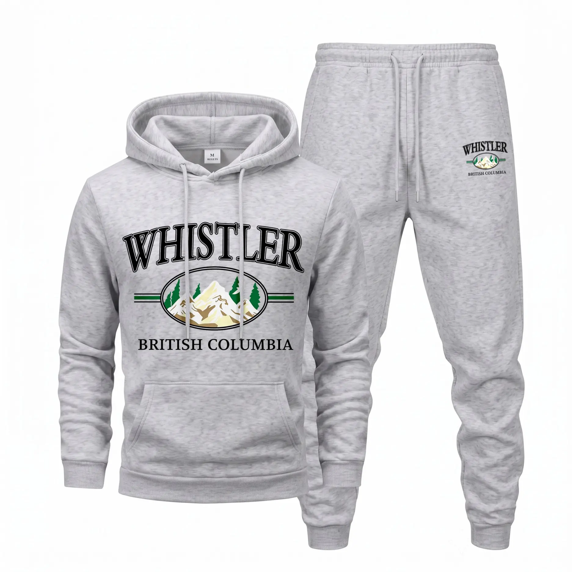 Men's Whistler British Columbia Mountain Graphic Hoodie and Sweatpants Set, Casual Long Sleeve Pullover with Drawstring Jogger Pants, Fall Winter Tracksuit for Daily Wear, Travel, Lounge and Outdoor Activities
