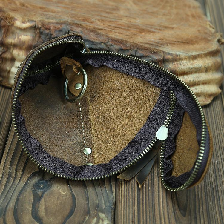 Men’s & Women’s Leather Key Bag, Retro Crazy Horse Leather Zipper Wallet for Car Keys, Card Holder, Stylish Key Organizer, Multi-purpose Keychain for Daily Use, Travel, Gifts