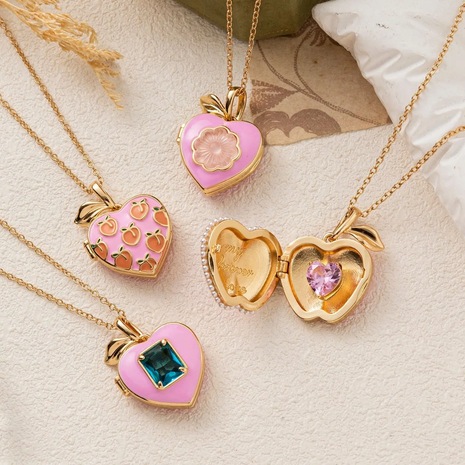 Women's Pink Heart Enamel Locket Necklace, Secret Message Costume Jewelry, Sweet Gift for Her, For Women, Casual
