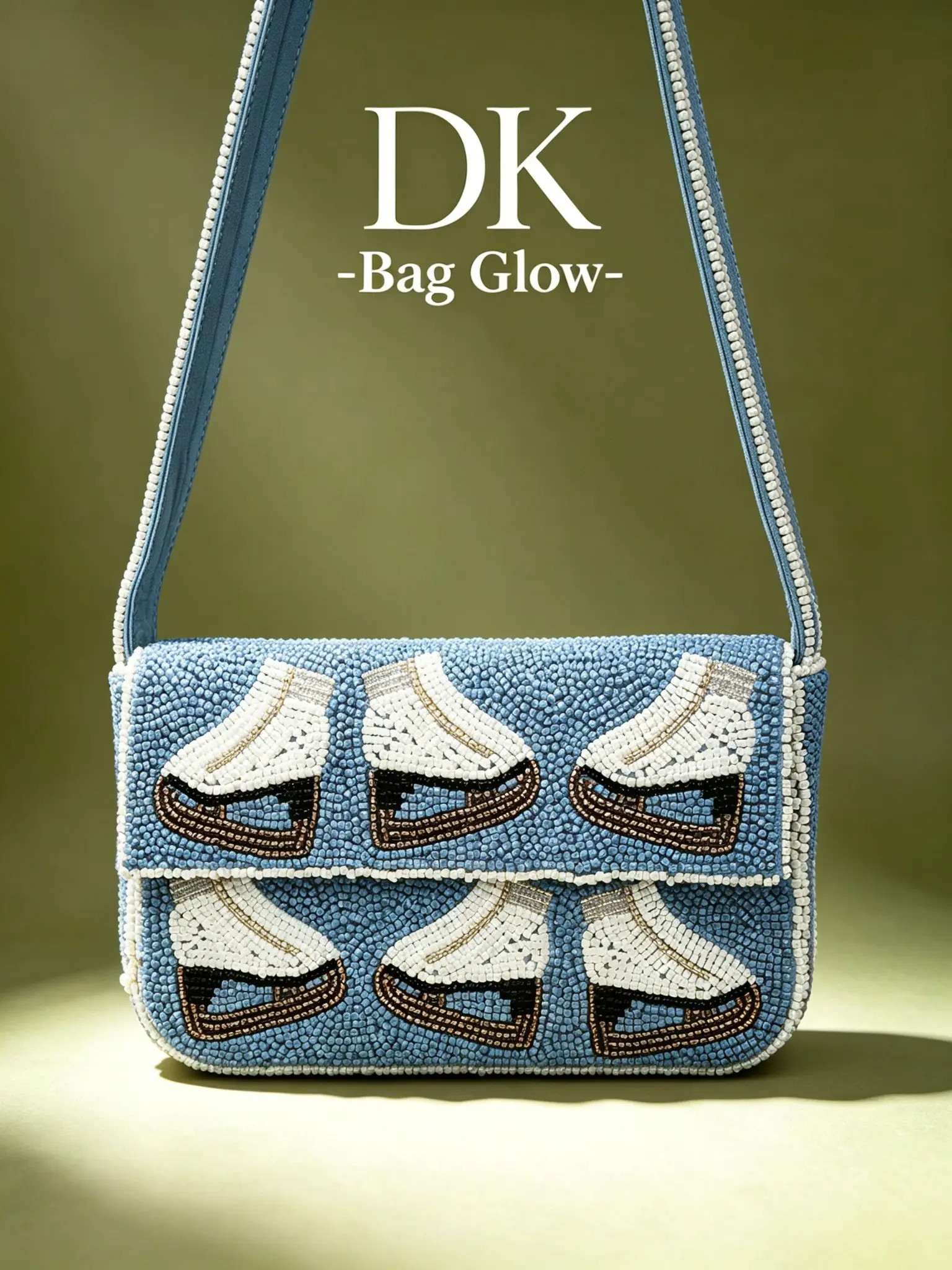 【Black Friday】Women's Ice Skate Beaded Shoulder Bag with Flap, Light Blue Pearl Bead Handbag with White Ice Skate Pattern and Brown Blade Detail, Cute Novelty Crossbody Bag for Ice Skating Lover, Gift for Women Girls for Fall Winter