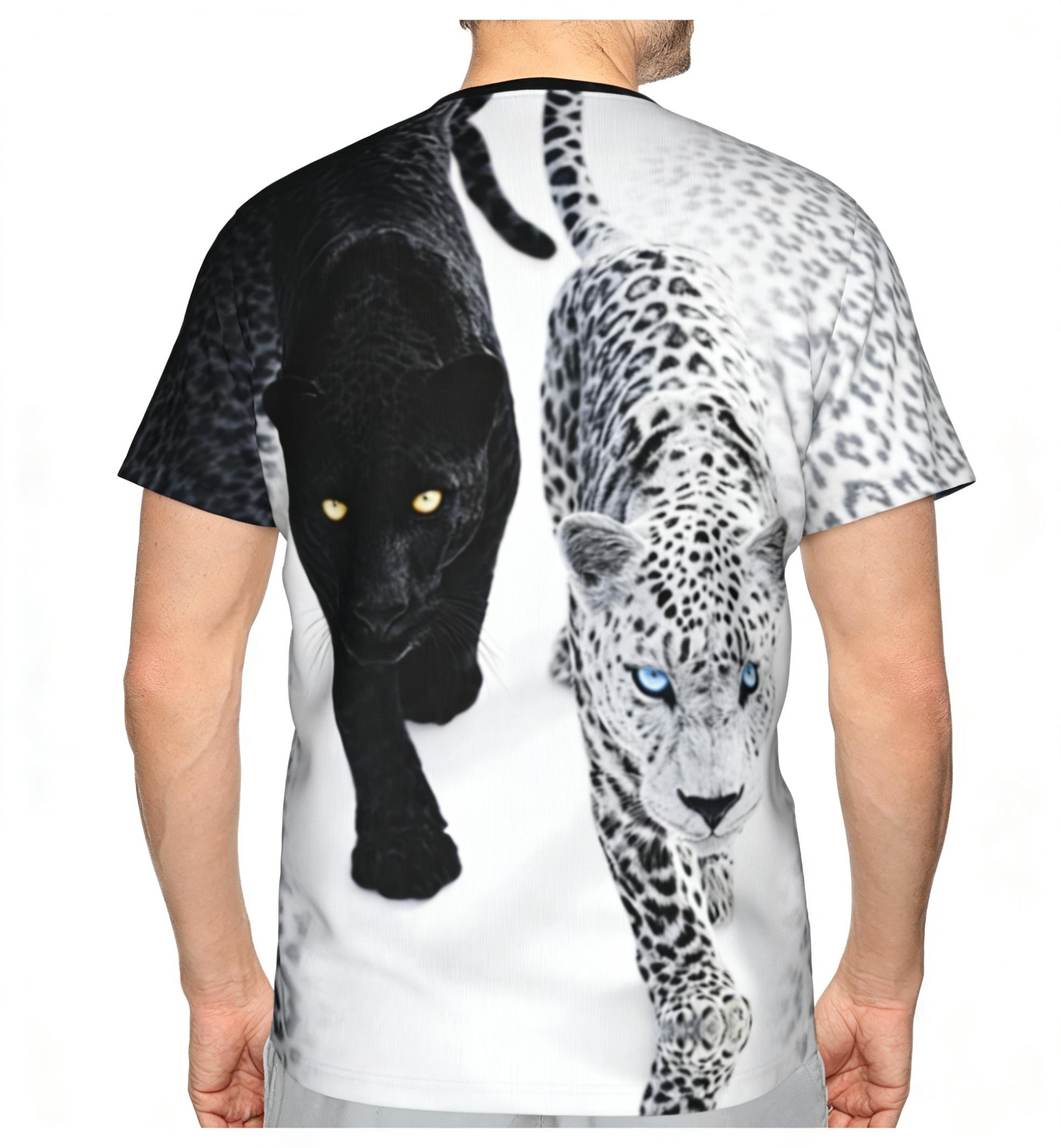 Double Leopard Attack Black and White Cheetah Summer Full-Print Short-Sleeve 3D Printed T-Shirt, Unisex, Cool and Trendy, Wild and Unique Style, Suitable for Outdoor Wear, Party Tops, Couple Pattern, Gift for Friends