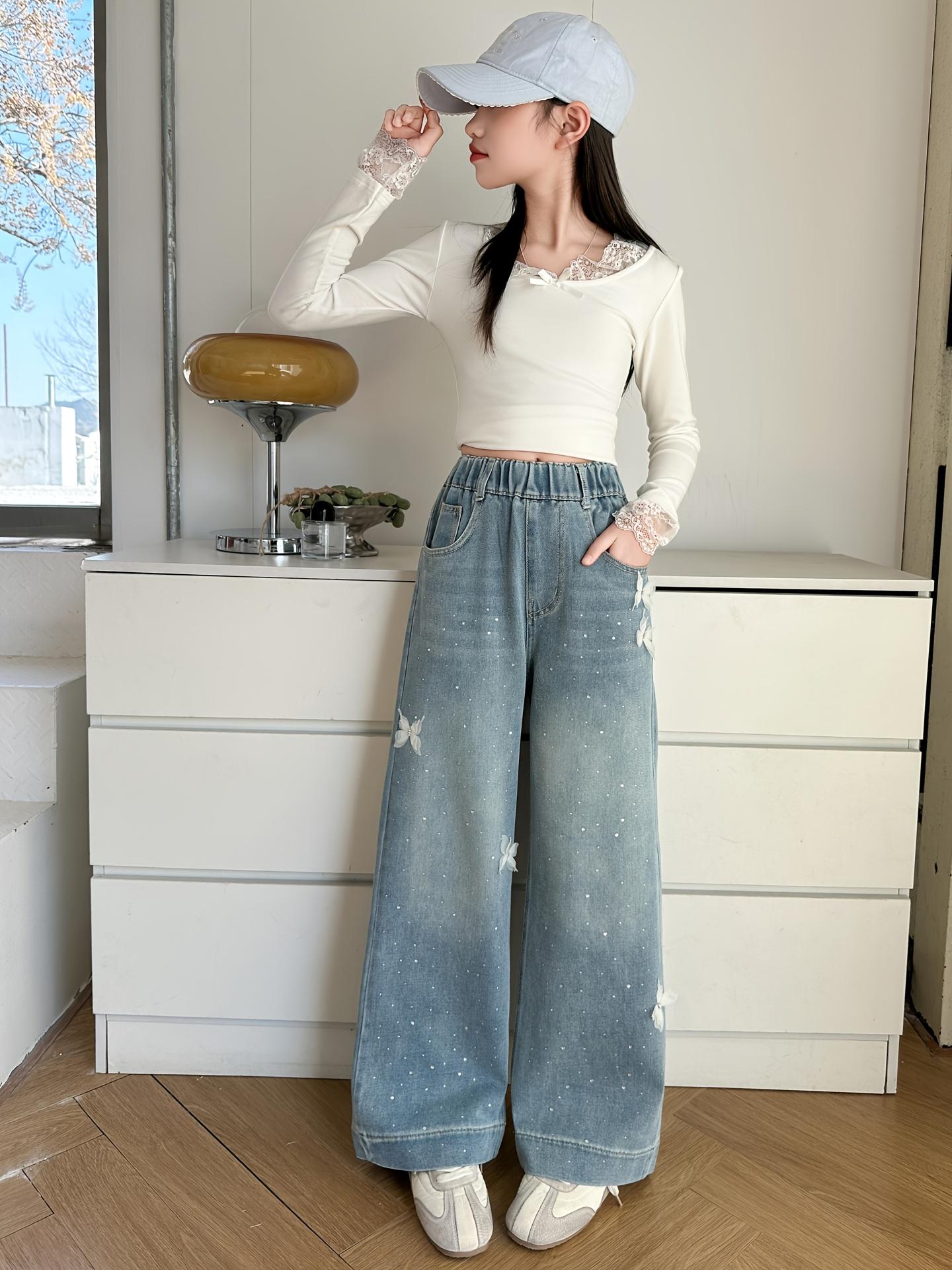 Girls' butterfly pattern jeans, children's straight wide-leg pants