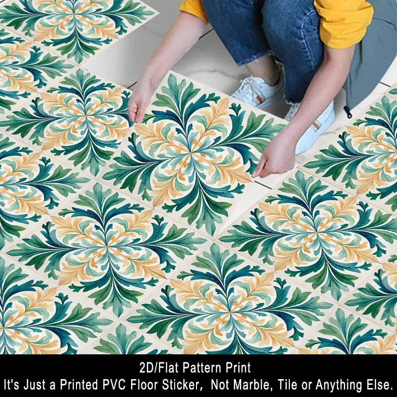 10pcs 2D Flat Self-Adhesive Removable Floor Stickers, Green and Orange Vintage Tile Leaf Pattern Symmetrical Classic Design PVC Floor Decals, Renovation Floor Art Wall Stickers, 11.81x11.81 Inches(30*30cm), Holiday Party Decorations! Suitable