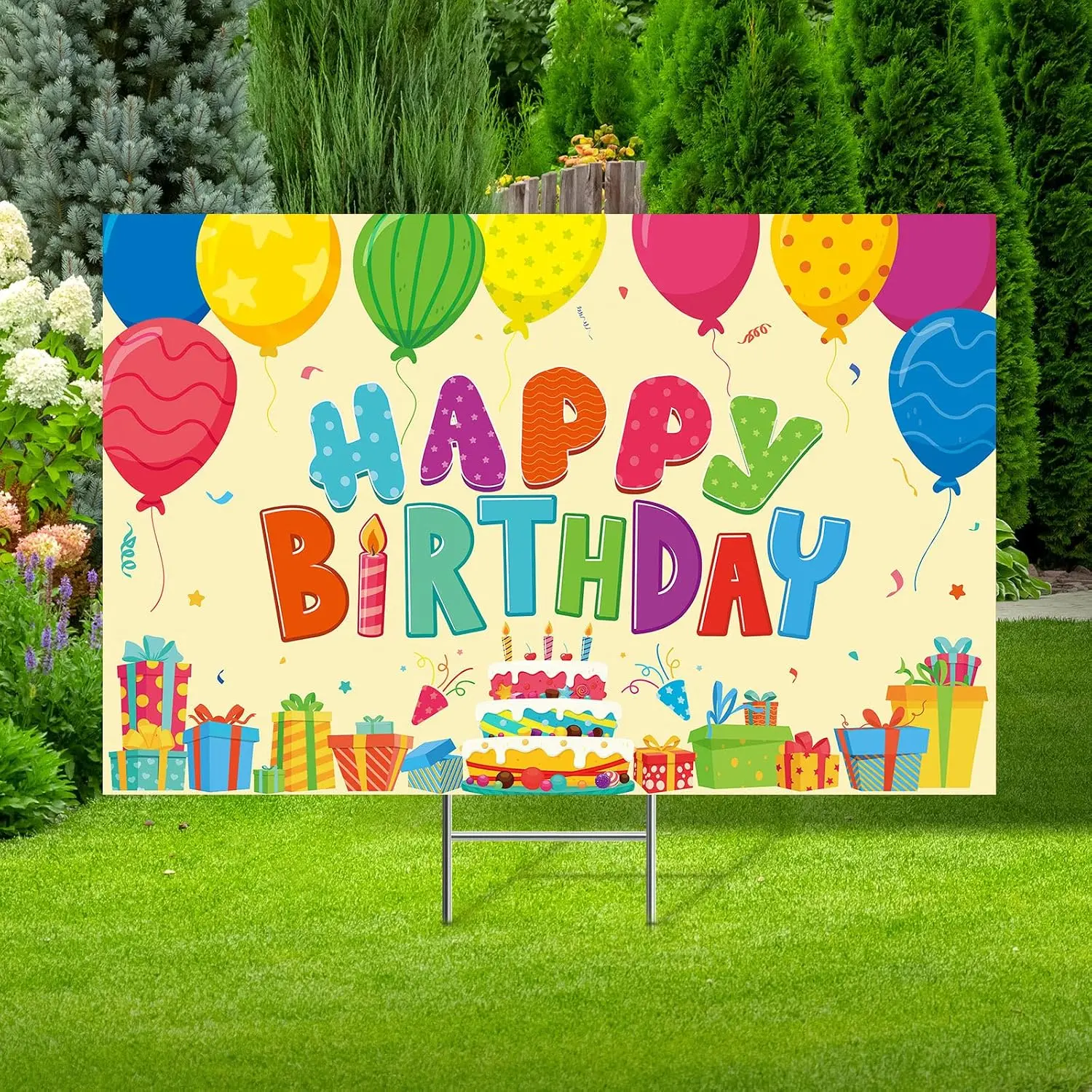 Large Happy Birthday Yard Signs with Stake Colorful Birthday Lawn Sign Cake Balloon  Box Funny Yard Decorations for Girls Boys Outdoor Candy Lawn Party Supplies, 24.8 x 16.1 Inch