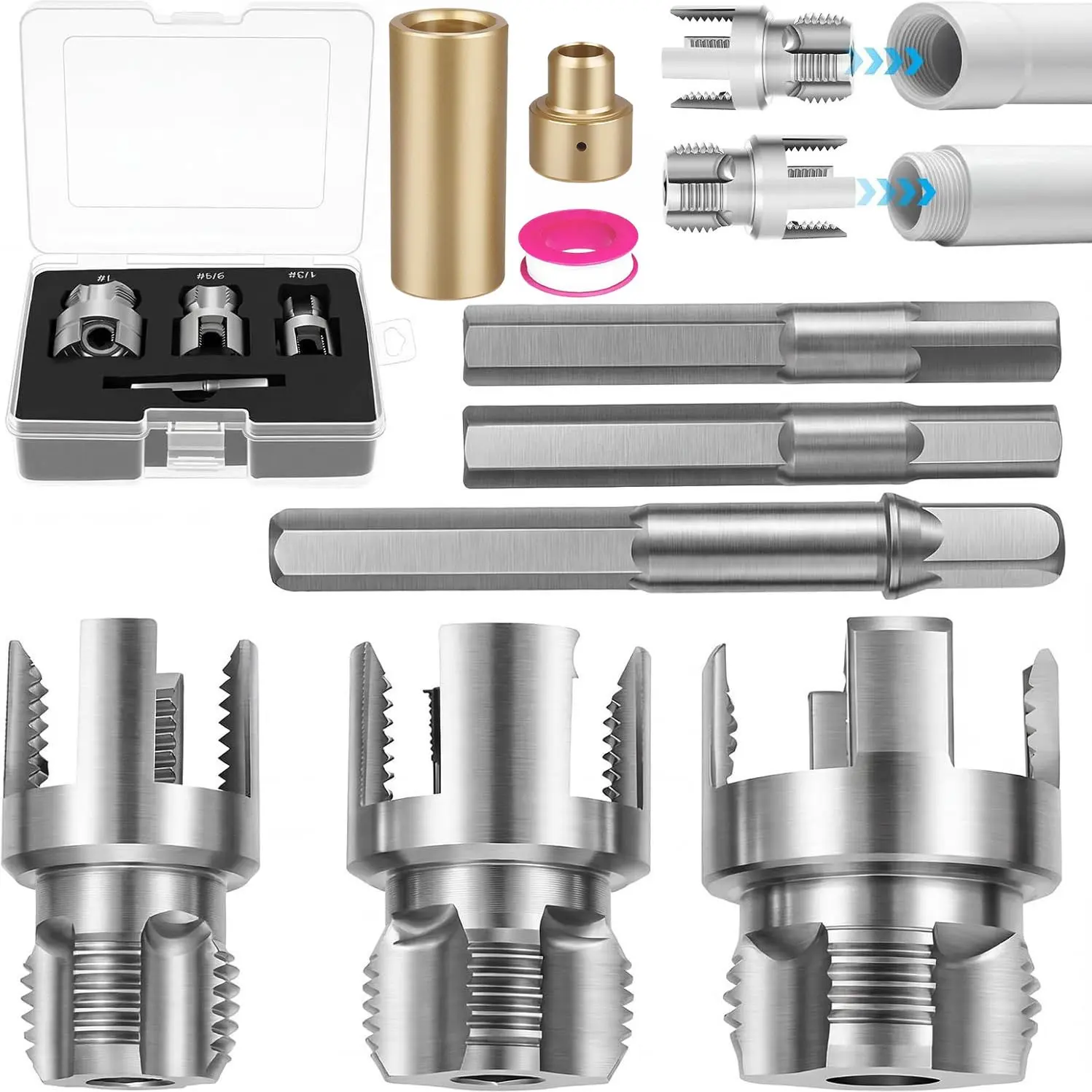 Professional 4-in-1 PVC Pipe Threading Tool Kit with Golden Hot Melt Welding Dies, Internal/External Thread Cutter Set for 1/2" 3/4" 1" Pipes, Drill Compatible Plumbing Tapping & Fusion Attachment