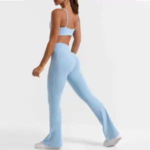 Sports and fitness suit, yoga flared pants with pockets, top, two-piece set, wide legs, high waist, hip lift. 2-piece workout