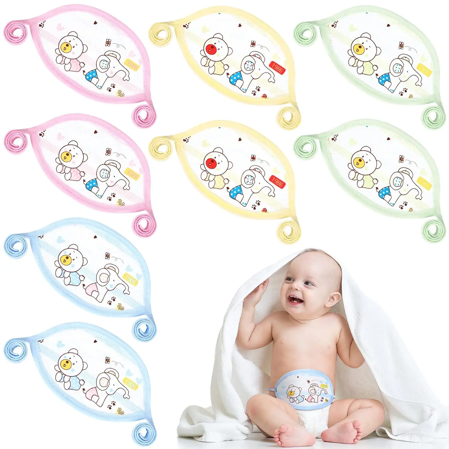 Unisex Baby Belly Wrap Set (8 Pcs, 4 Styles - Elephant Animal Motifs), Cartoon Prints Cotton Umbilical Cord Cover Band, Soft Prop 65 Safe Abdomen Protection Navel Belt for 0-12 Months Newborn Gifts