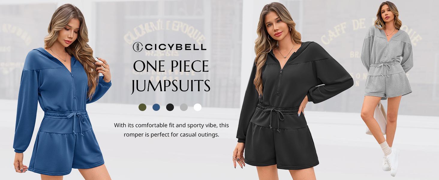 FMEYOA Womens Rompers Casual One Piece Outfits Half Zip Long Sleeve Hoodies Casual Shorts Drawstring Waist Jumpsuits