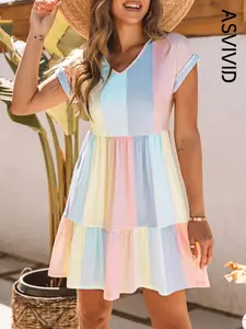 Women's Colorblock Patchwork Ruffle Hem Tee Dress, Casual V Neck Roll Up Sleeve , for Summer Ladies Everyday Wear