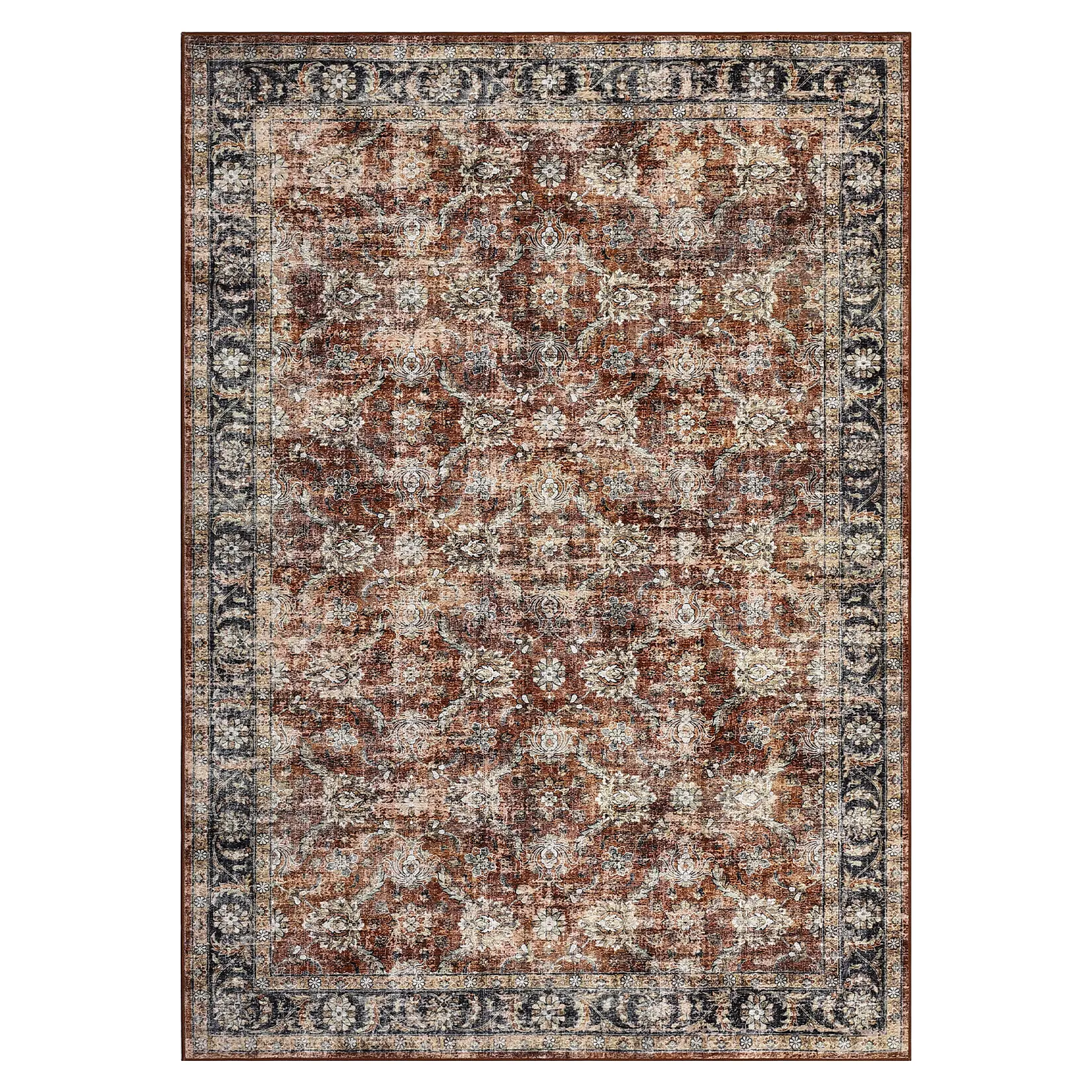 Vintage Oriental Motif Polyester Area Rug - Classic Pattern, Multi-Size, Lightweight Soft, Flat Weave, Non-Slip TPR Backing, Durable, Easy Care, Washable, Pet-Friendly - Living/Dining Room Home Decor