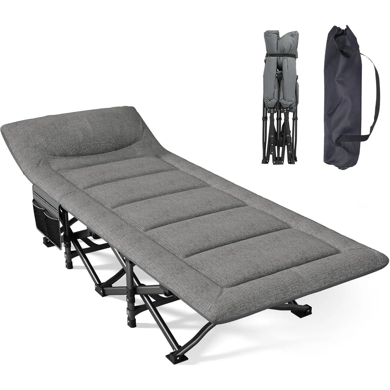 Camping Cot, Folding Cot Bed for Adults with Built-in Mattress and Pillow, Portable Outdoor Sleeping Cot for Camping and Travel, with Carry Bag, Grey, Max Load 450 LBS