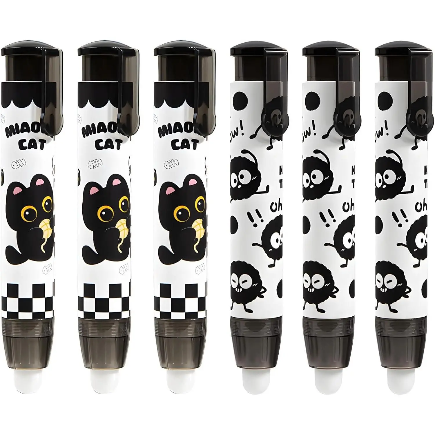 6 Pcs Retractable Black Cute Cat Eraser Cartoon Pen Pencil Erasers Kawaii Birthday Christmas Gifts for School Home Office Supplies