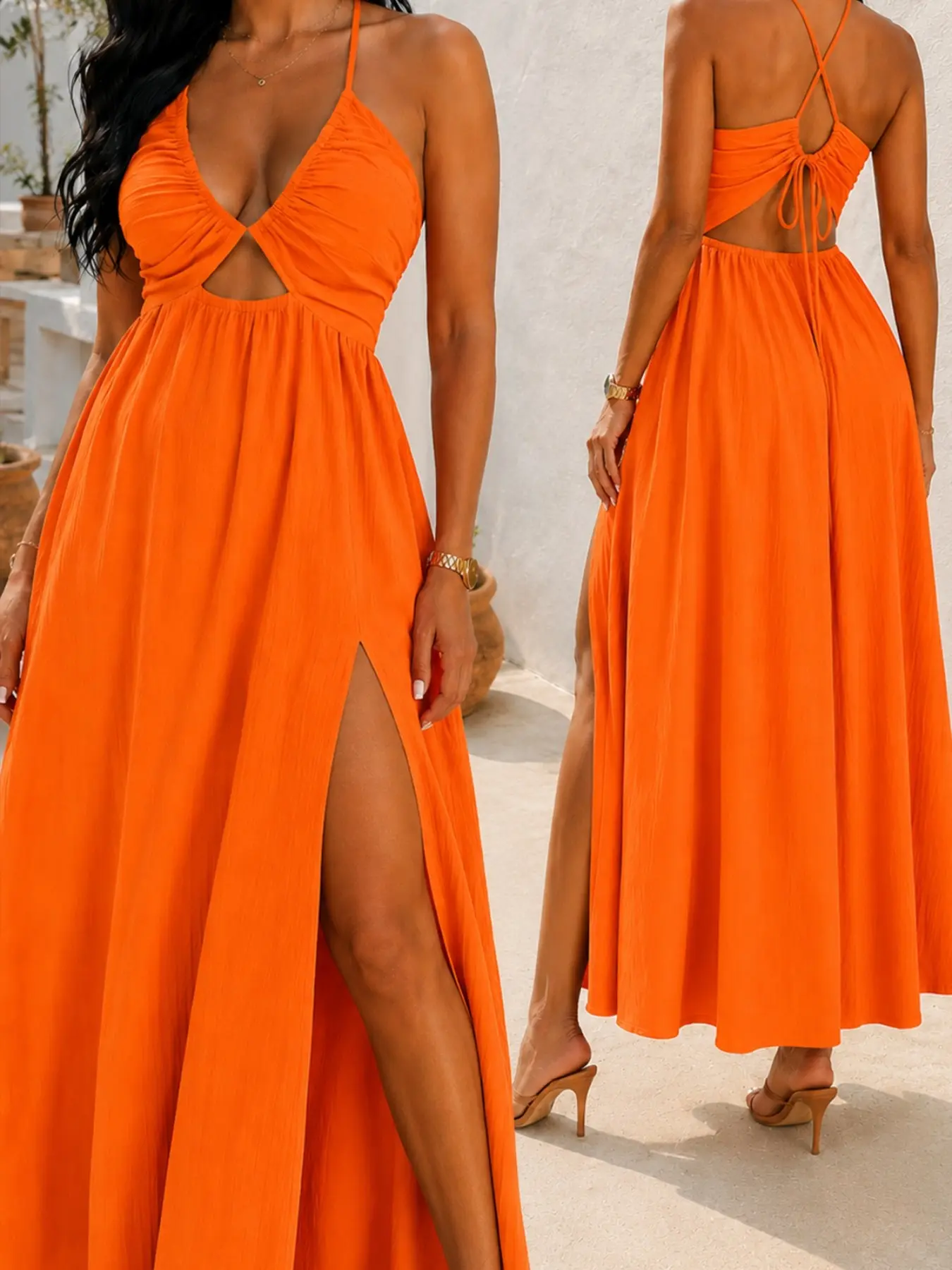 Summer Halter Long Dress for Women, Sexy Deep V Cutout, High Split, Ruched Waist, Sleeveless Maxi Dress, Beach Party Chic Casual Elegance