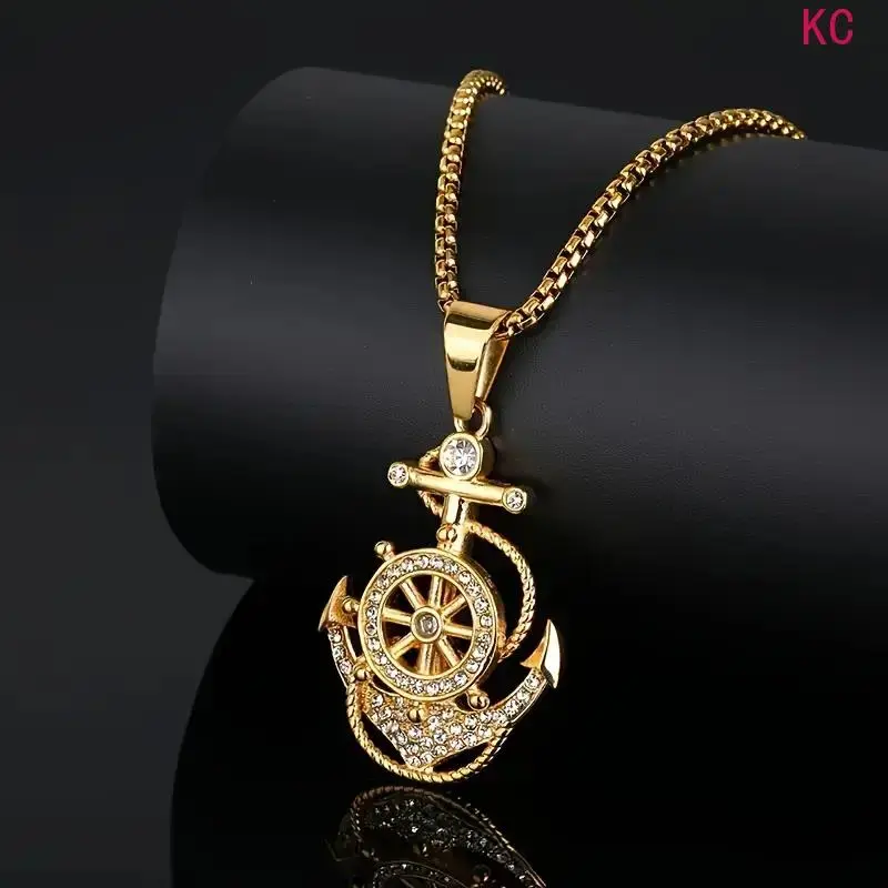 Stainless Steel Marine Rhinestone Pendant Necklace, Punk Hip Hop Neck Jewelry For Men Daily Styling And General Token Gifting Accessory